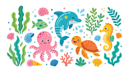 Cute sea animals collection with friendly dolphin octopus and turtle © Muhammad
