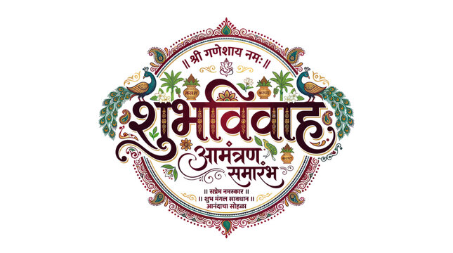 Shubh vivah marathi wedding invitation card with peacock design