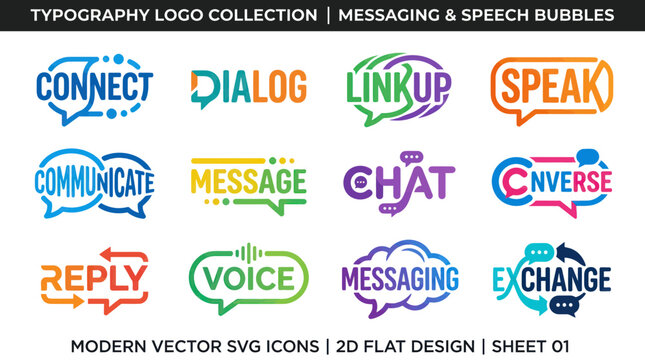 Messaging and communication typography logo set with speech bubbles