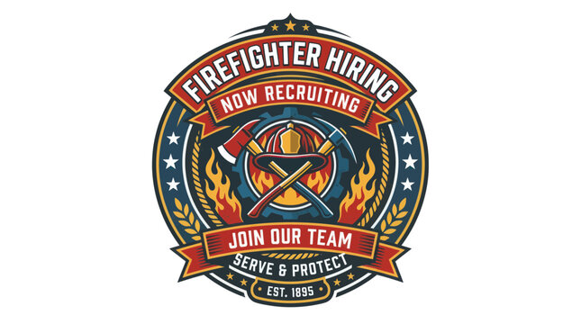 Firefighter hiring emblem featuring helmet axes and flames