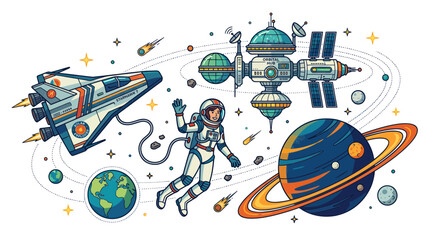 Astronaut waving in outer space near a spaceship and orbital hub © Muhammad