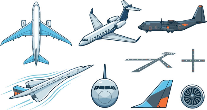 Airplane Vector Icon Set Featuring Commercial Jets Cargo Planes Supersonic Aircraft Runway Paths Tail Fins and Turbine Engines