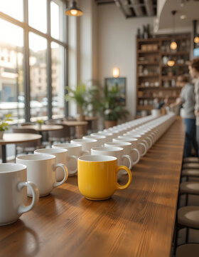 Yellow Mug Standing Out in a Row of White Cups on a Caf&eacute; Counter