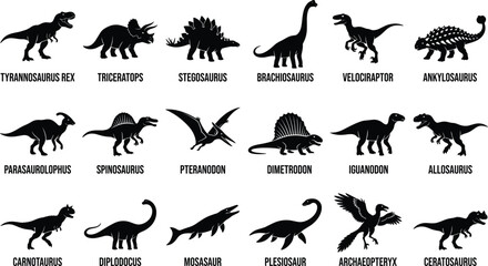 Fototapeta premium Prehistoric Dinosaur Silhouette Vector Bundle with Tyrannosaurus, Triceratops, Stegosaurus, and Marine Reptiles
