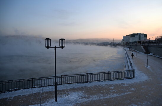 The hovering Angara River on a frosty winter morning in Irkutsk