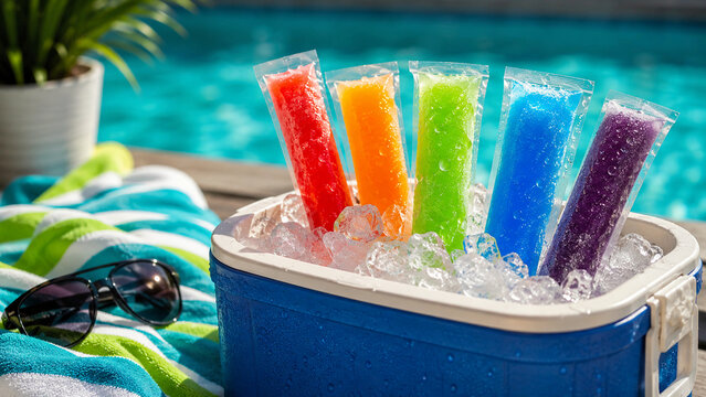 Colorful frozen ice pops in a blue cooler box filled with ice cubes next to a swimming pool, capturing a vibrant summer vacation, refreshment, and holiday lifestyle concept.