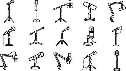 Professional Microphone Icon Set with Podcast Boom Arms, Studio Condenser Mics, Stage Stands, and Retro Vintage Audio Equipment Outline Symbols © SAHEDUL