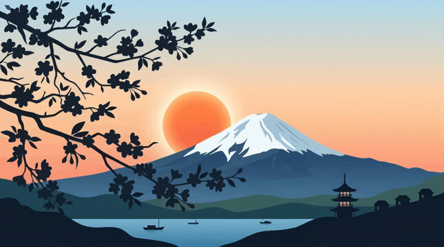 Mount Fuji Japan landscape with pagoda and cherry blossom tree at sunset