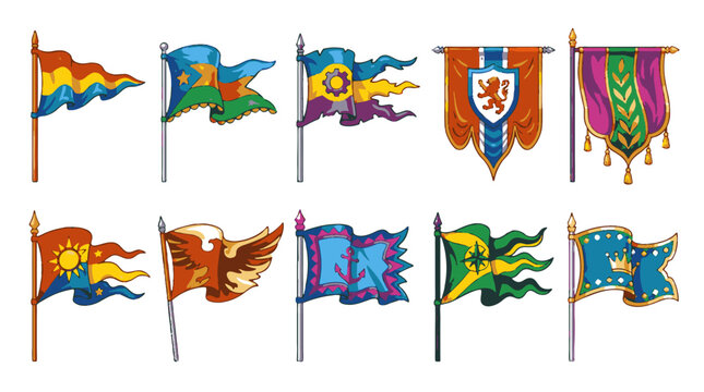 Fantasy Medieval Flags and Royal Banners Collection Vector Set Isolated on White Background