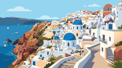 Santorini Greece scenic view white buildings blue domes sea © Nadeesha
