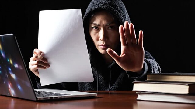 Woman in dark hoodie holding blank paper and making stop gesture near laptop