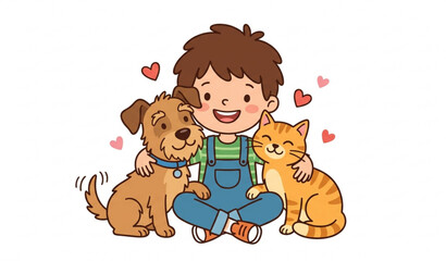 Smiling Child Embracing Cat and Dog Heartwarming Pet Friendship Vector