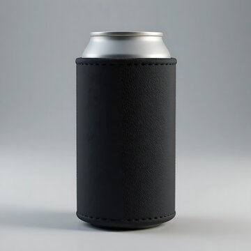 Blank black leather stubby holder for beverage can isolated on a plain studio grey background mockup. coozie