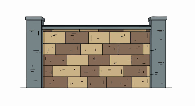 A brick wall with brown and tan bricks and two gray pillars