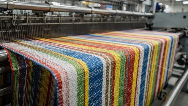 Closeup medium view of colored striped polypropylene woven bags production emphasizing vibrant yarn patterns and precise loom operation in a modern factory.