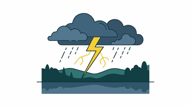 A cartoon illustration of a dark storm cloud with lightning striking over a body of water
