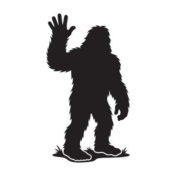 Black silhouette of a bigfoot waving hello