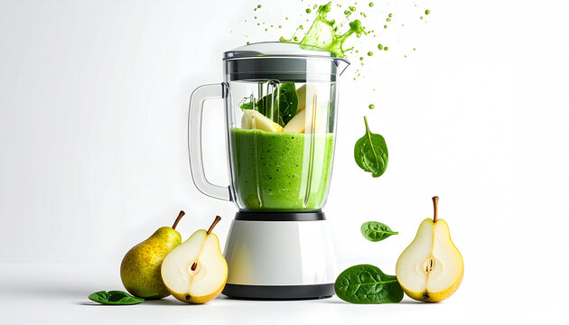 Fresh green smoothie being blended with pears, bananas, and spinach leaves on a white background, showcasing healthy drink preparation.