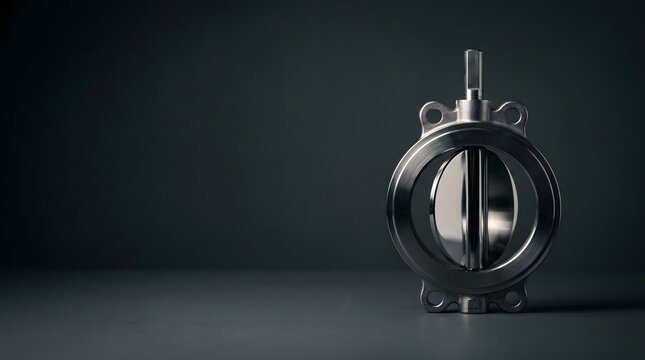 Industrial food-grade stainless steel butterfly valve with disc at 45-degree open position on dark gunmetal background, food processing pipeline flow control equipment concept art horizontal copy spac