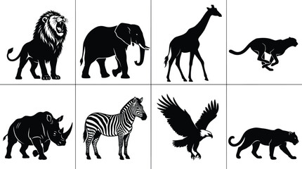 African wild animal black silhouette vector icons collection featuring roaring lion elephant giraffe cheetah rhino zebra eagle panther © SHAPLAKHATUN