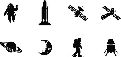 Black silhouette icons of astronaut, rocket launch, satellites, Saturn planet, crescent moon, lunar lander, and space exploration technology vector © Arif Creatives