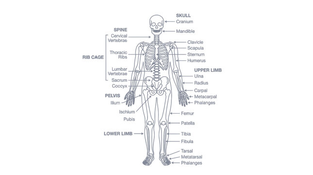 Human skeletal system diagram with major bone labels