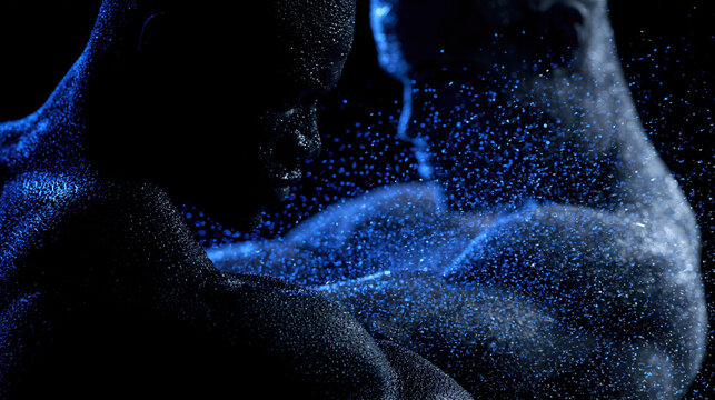 Bodybuilder Wrestling Shadow Twin in Dark Void With Frozen Blue Droplets