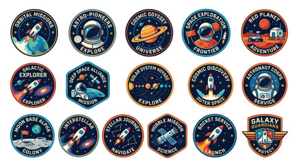 Space exploration mission patches with astronauts rockets and planets © mumun