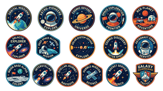 Space exploration mission patches with astronauts rockets and planets