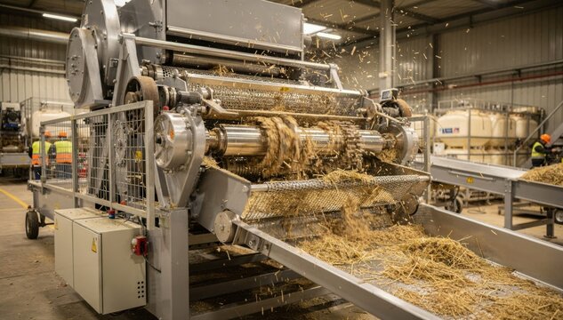 Medium shot showcasing a highcapacity threshing machine efficiently removing stems from lamina designed for largescale crop processing with robust mechanical action.