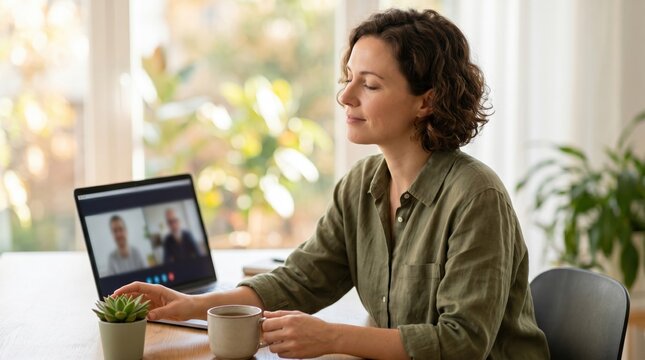 Professional woman having online video conference call on laptop at home office desk, remote work business communication and digital collaboration concept