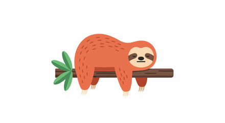 Obraz premium A cartoon sloth hanging on a brown branch with green leaves