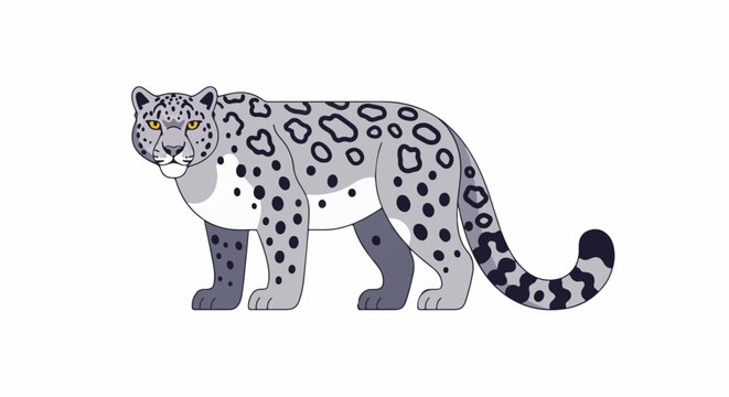 A cartoon snow leopard with gray fur and black spots
