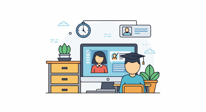 A cartoon student wearing a graduation cap sits at a desk in front of a computer with a video call