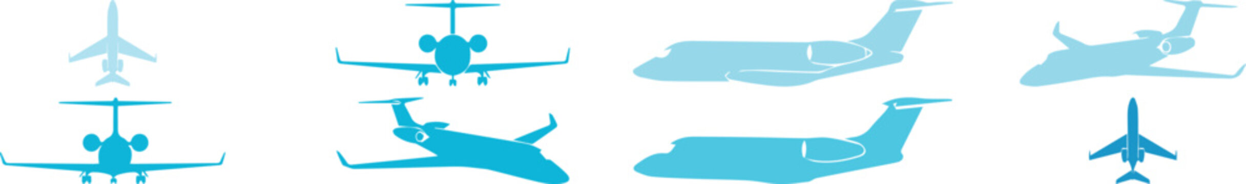 Private jet airplane silhouettes set, blue business aircraft icons in various angles, luxury corporate jet vector illustrations for travel and aviation design