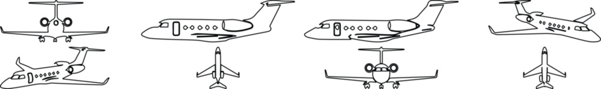 Private jet vector icons set, luxury business airplane line art collection, corporate aircraft silhouettes from multiple angles and views