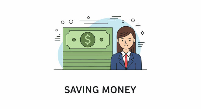 A cartoon woman in business attire with a stack of money