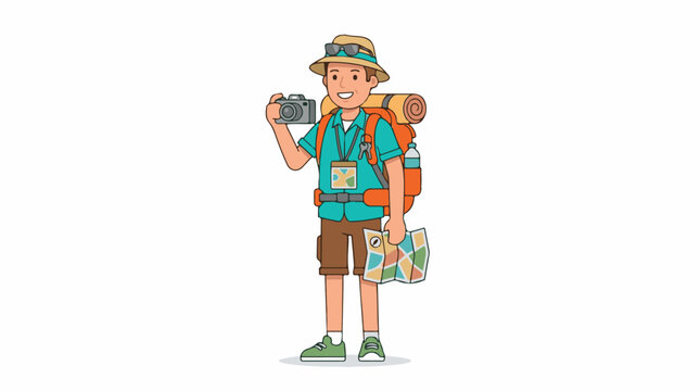A cartoon man with a camera and backpack standing