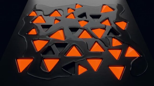 ネオンオレンジの四面体と黒い流体がチタンプレート上で層流へと変化する抽象的な物理シミュレーションCG