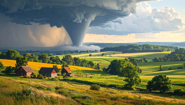 A dynamic storm with a funnel cloud looms over a vibrant countryside scene.