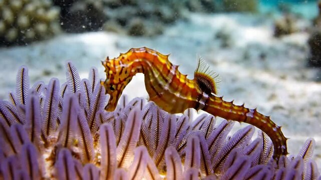 Vibrant Small Seahorse Moving Gracefully Through Lush Feather-Like Hydroid Beneath Crystal Clear Waters of the Ocean