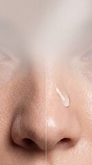 Fototapeta premium Before and after skin recovery concept showing close up of nose area with visible pores, smooth texture, and moisturizing cream, highlighting healthy and hydrated skin