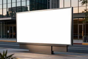 Fototapeta premium Front view on blank white billboard with copyspace on sunny street before stylish business center with glass walls in the evening.