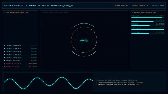 Cyber Security Firewall Shield Dashboard With Threat Interception and Port Mitigation Animation.