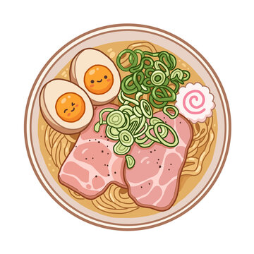 Cute ramen bowl illustration with cute smiling eggs, chashu pork, green onions, and narutomaki fish cake, isolated transparent background, kawaii cartoon food vector icon