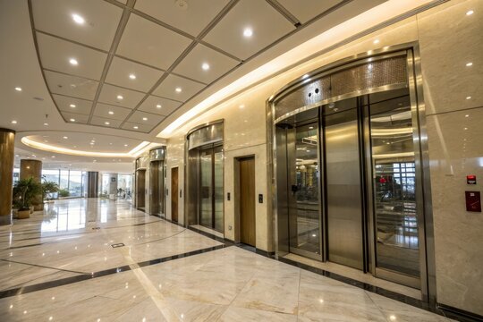 Shiny marble floors reflect ceiling lights