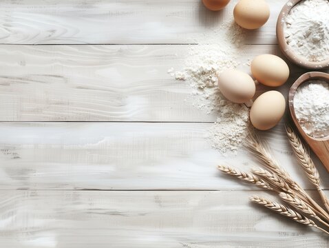 Baking ingredients including eggs flour and wheat on a rustic white wooden surface with scattered powder and wheat stalks for culinary preparation and baking concept