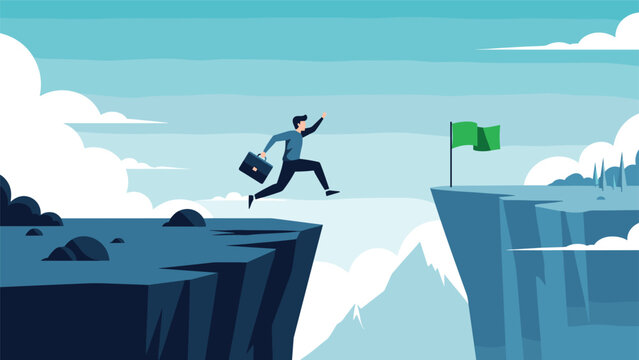 Courageous businessman leaps across a deep mountain canyon toward a green flag to symbolize taking high risks for final success.