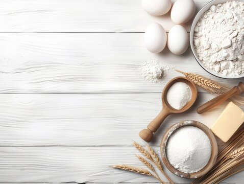 Assorted baking ingredients including eggs flour butter and wheat stalks arranged on a white wooden surface for cooking and baking preparation