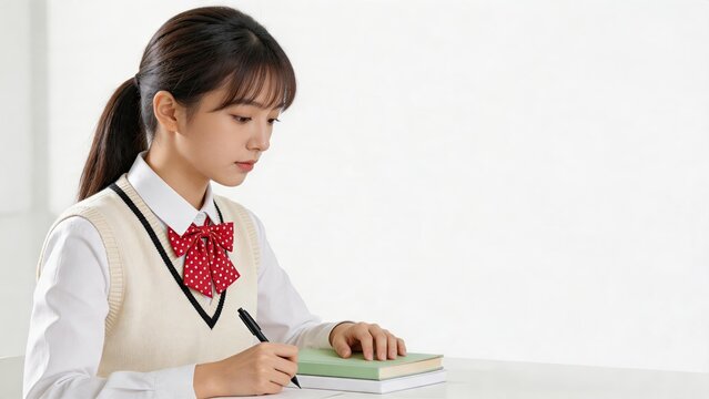 Focused asian student girl in school uniform writing notes on notebook at desk, studying hard for exam or homework in bright classroom environment